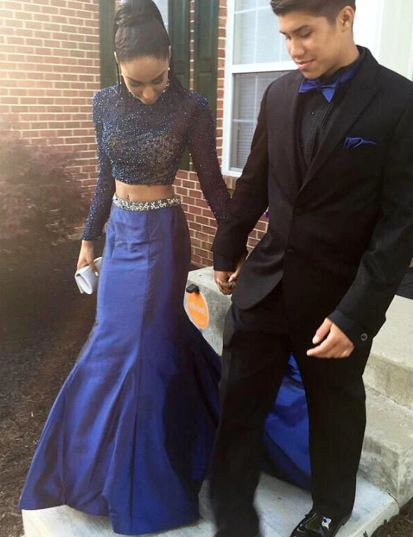 

African Black Girl Navy Blue Two Piece Prom Dresses Long Sleeve