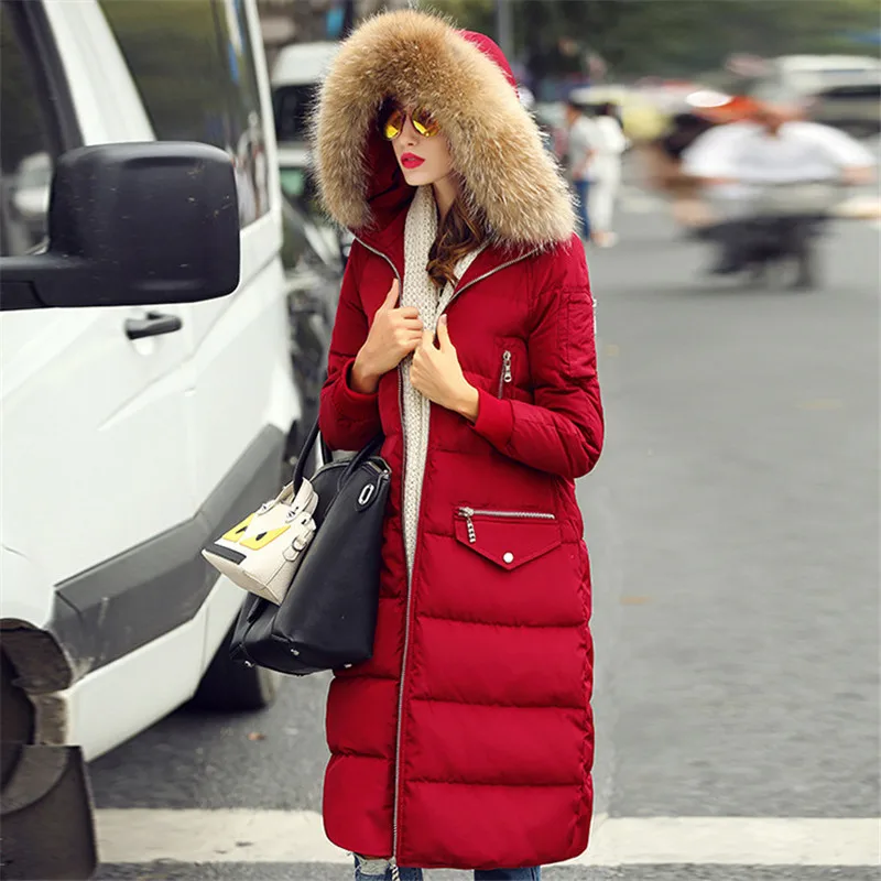 wine red singel fur TEAEGG европейский и американский красный женский пуховик двойной натуральный мех енота воротник белый утиный пух куртки для женщин парка AL317 - Цвет: wine red singel fur