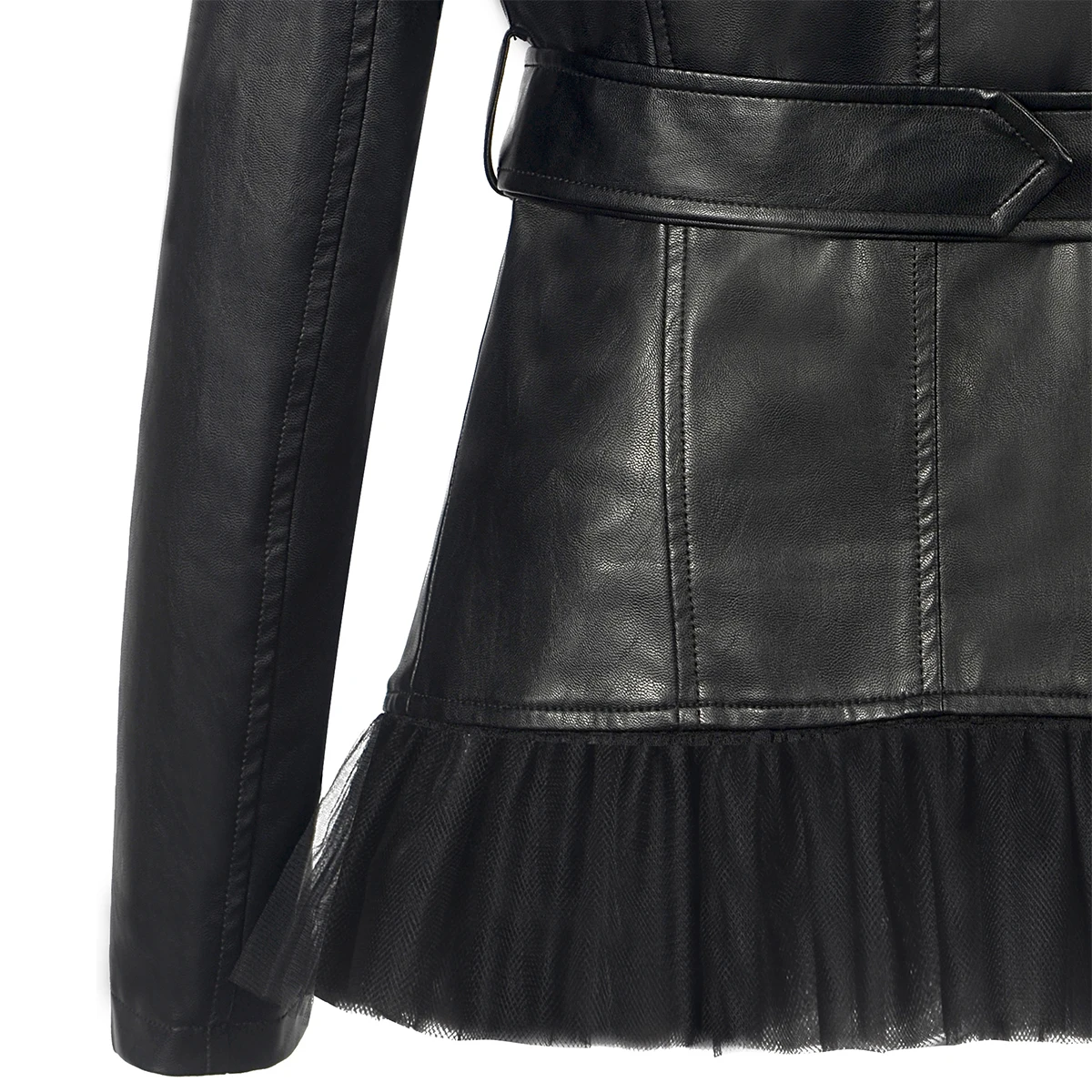 SX NEW Soft PU Faux leather Jacket Women Sashes Slim Lapel Lace zipping Beading Motocycle Coats