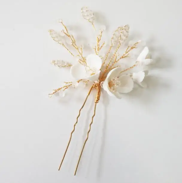 Hair Pin B Свадебное Глиняное украшение из цветов заколка для волос набор горный хрусталь Золотой лист украшения для волос Модные женские вечерние аксессуары для волос - Окраска металла: Hair Pin B