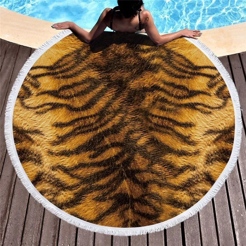 

Animal Fur Grain Beach Towel with Tassel 150cm Round Soft Microfiber Beach Swimming Bath Towel Yoga Picnic Blanket