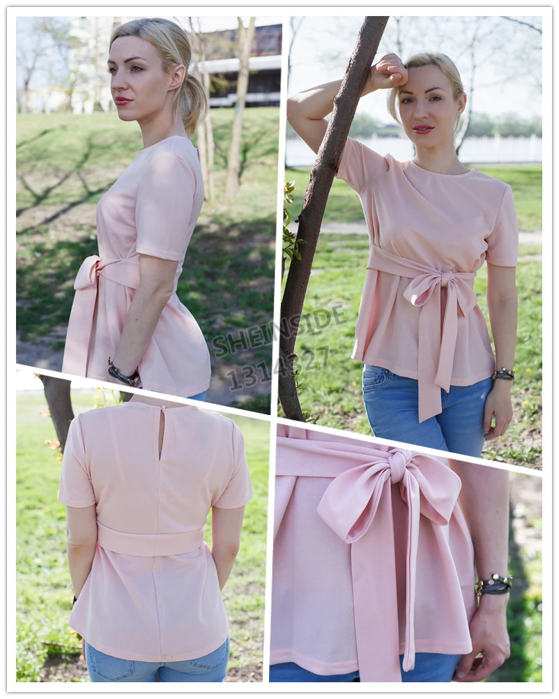 Sheinside, с поясом, с замочной скважиной сзади, блузка, одноцветная, короткий рукав, топ, лето, для женщин, для офиса, для девушек, для работы, Элегантная блузка