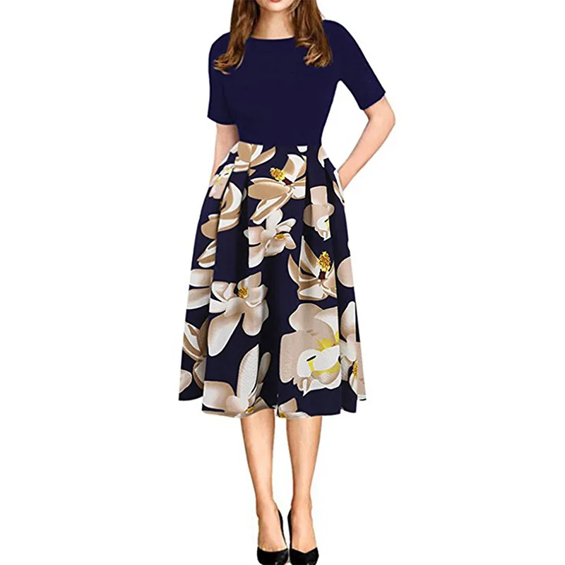 

Newly Women Autumn Dress Round Neck Short Sleeves Middle Waist Print Slim Fit Dresses m99