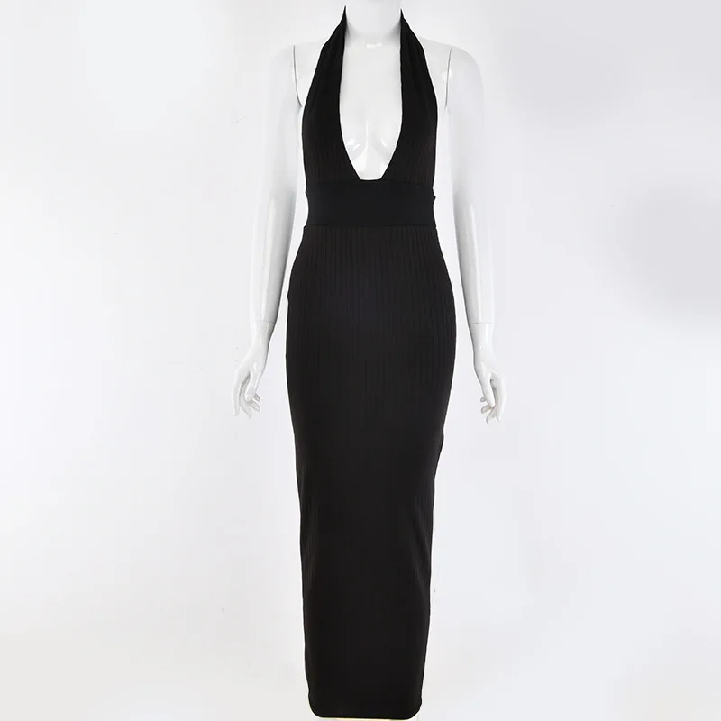 black COSYGAL белый Вязание Bodycon платья Для женщин глубокий v-образный вырез длинное платье с низким вырезом на спине, летнее платье карандаш Vestidos - Цвет: black