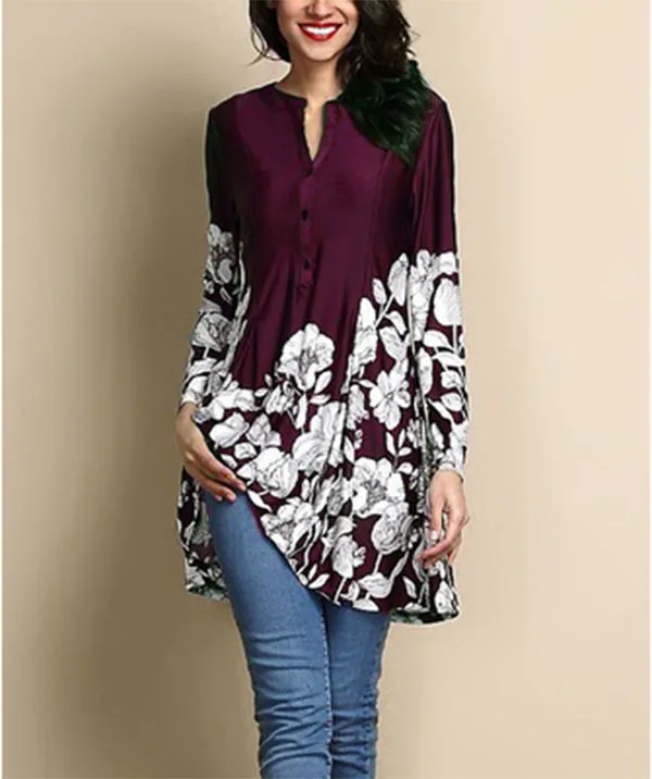 Wine red Большие размеры 4xl 5xl женские летние черные топы с цветочным принтом в стиле бохо с длинным рукавом и круглым вырезом Женская футболка Повседневная Свободная Женская футболка - Цвет: Wine red