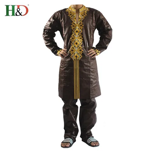 H& D африканская одежда Дашики традиционная Мужская африканская одежда с длинными рукавами Африканский Базен riche Мужская африканская одежда Топы Брюки PH29 - Цвет: Коричневый