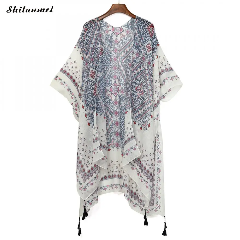 Длинное кимоно в винтажном стиле 2018 женская блузка с принтом длинная шифоновая