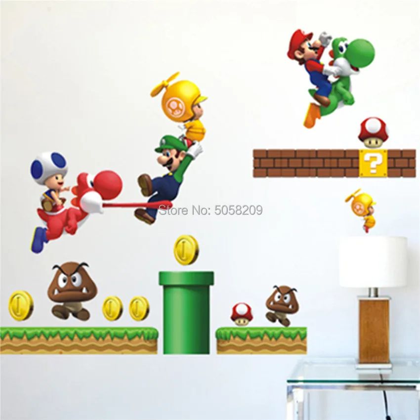 Супер забавные Mario Bros аниме наклейки на стены 3d игра плакат виниловые наклейки в детскую комнату украшения детской комнаты мультфильм обои 70*50 см