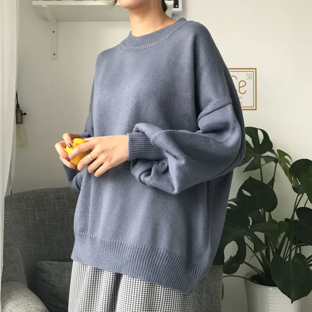 Korean Style Women Pullovers Sweater 2017 Winter New Retro Lantern Sleeves Loose Solid Color Round Neck Wild Knit Tops | Женская одежда