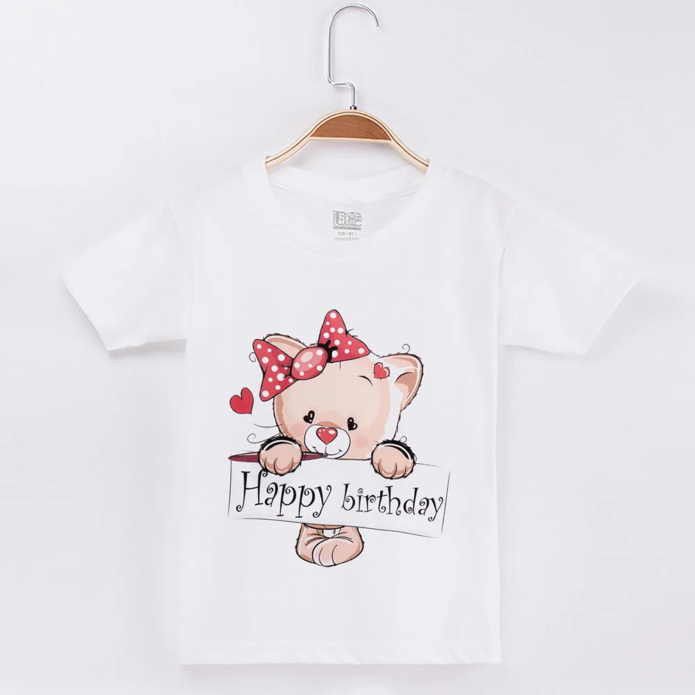 Детская футболка белые От 1 до 13 лет с днем рождения Kawaii Bear хлопковые короткие детские футболки топы для девочек, одежда для маленьких мальчиков, футболка - Цвет: White