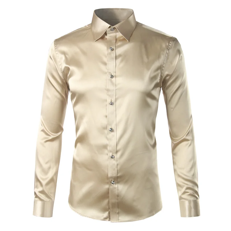 light-yellow Трендовая шелковая атласная Мужская рубашка с длинным рукавом Chemise Homme модная мужская приталенная рубашка из искусственного шелка на пуговицах - Цвет: light-yellow