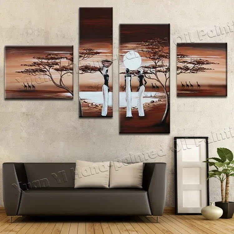 

4 Panel Handmade Large Canvas Paintings Tree Africa Woman Sky Deer Sunrise Home Decoration Landscape Oil Painting On Canvas