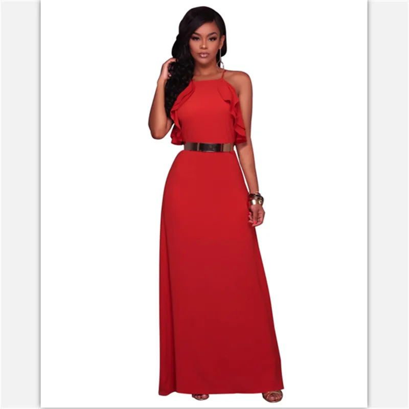 New women dress sexy red yellow color ruffles sleeveless night club hot slash neck fashion for girls | Женская одежда