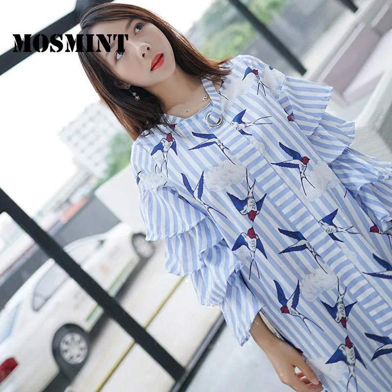 MOSMINT Swallow Birds Ruffles Flare Sleeve Stripes Short Dress Women 2017 Autumn Vintage Fashion Loose Mini Female Tops | Женская одежда