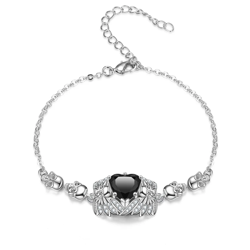Роскошный браслет с черепом черного и серебряного цвета сердцем из циркония