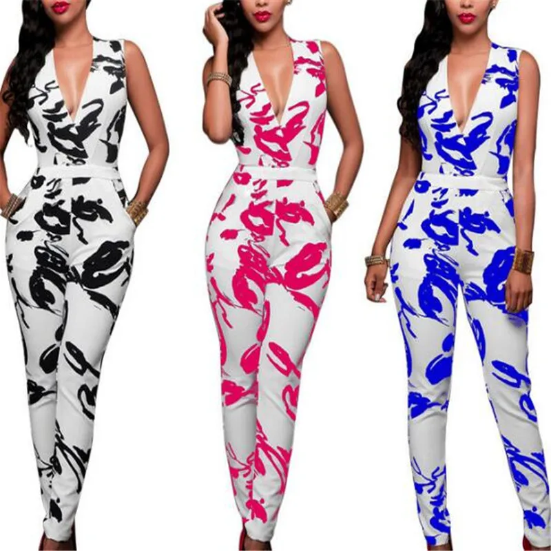 Женский клубный комбинезон с принтом облегающий длинный без рукавов для