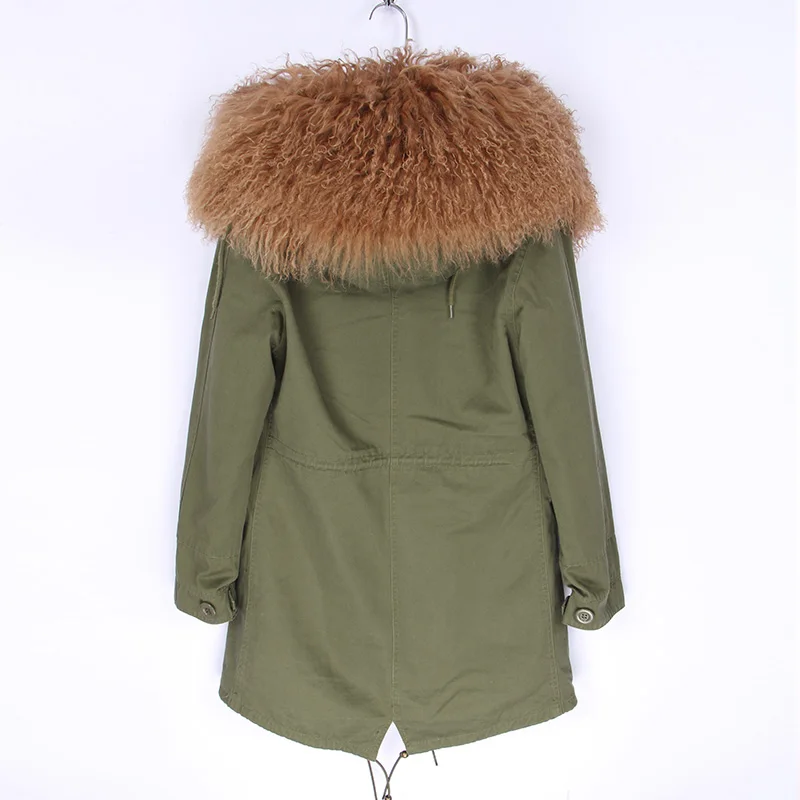green brown Новое поступление, длинное меховое пальто, модная Женская Роскошная парка из овечьей шерсти, пальто с капюшоном, зимняя куртка - Цвет: green brown