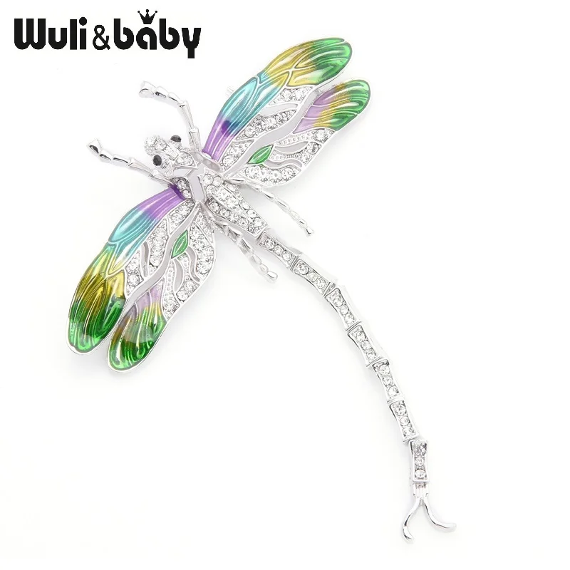 Wuli& Baby, новинка, зеленая эмаль, подвижный хвост, стрекоза, броши для женщин и мужчин, стразы, насекомое, брошь высокого качества, булавки