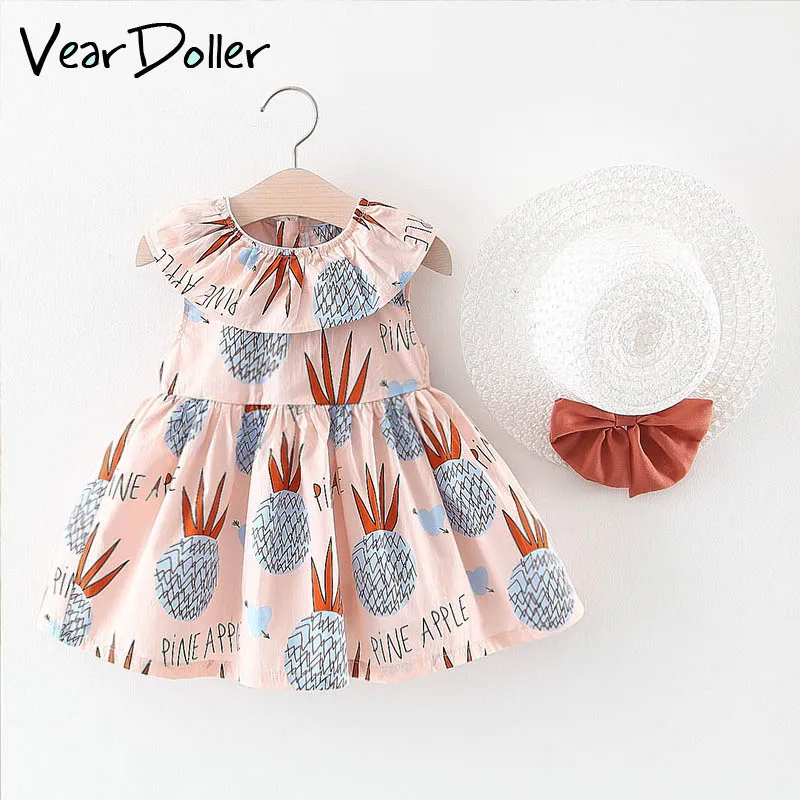 Veardoller Kids Girls Dress 2019 New Summer Cute Pineapple Pattern Sleeveless Baby Clothing with Hat | Детская одежда и обувь