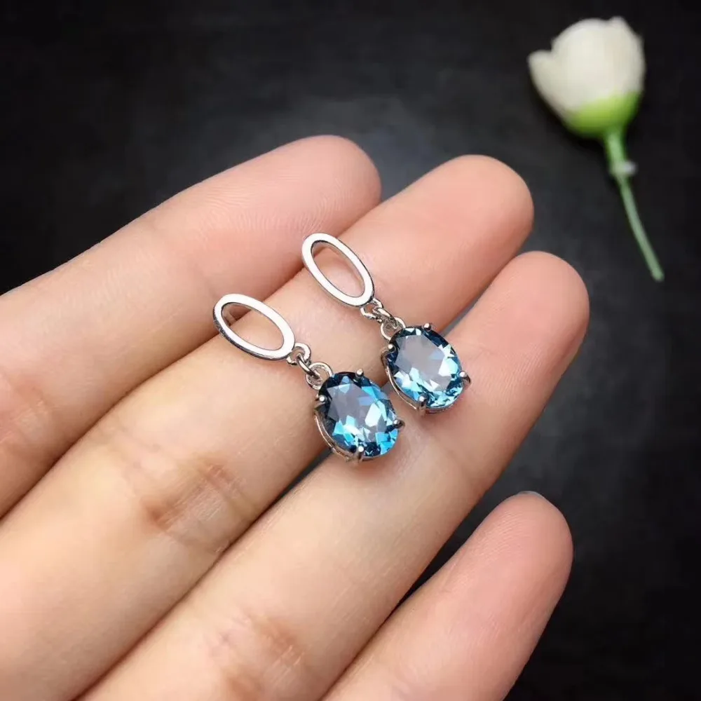 Серьги-капли с натуральным голубым топазом, 925 серебро, натуральный драгоценный камень, женские модные элегантные круглые Висячие серьги, ювелирные изделия для женщин, вечерние