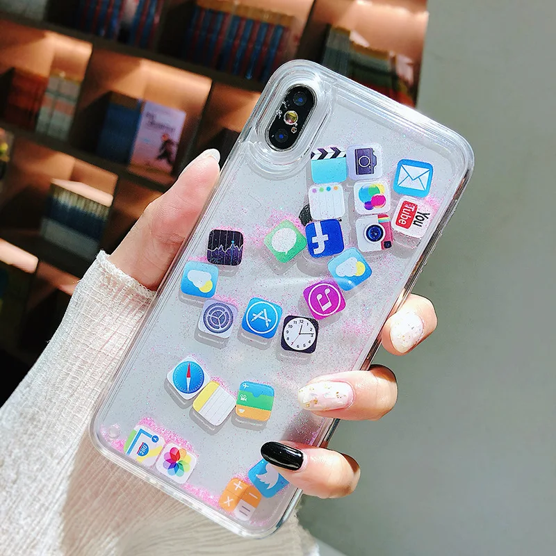 Pink Противоударный чехол с динамическим зыбучим песком для iPhone 11 Pro X XR XS MAX, значок приложения, блестящий силиконовый Жесткий Чехол для iPhone 8 7 6 6s Plus - Цвет: Pink