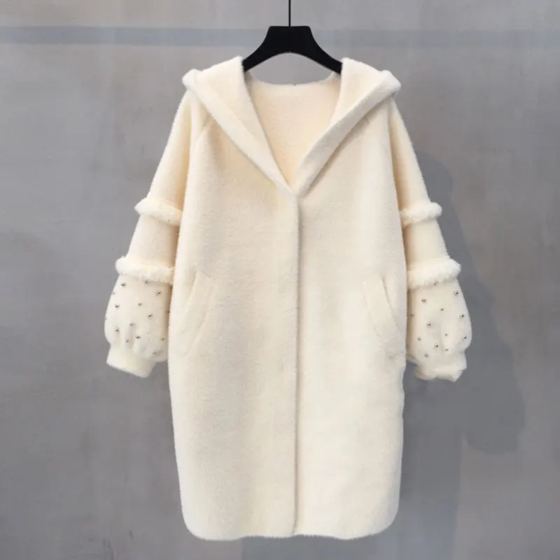 Autumn winter Velvet Hooded Cardigan Sweater Women Medium Long Loose Jacket Sleeve knitting Beading Feminine coat SS20 |