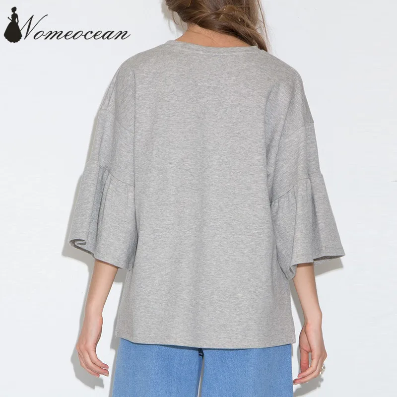 Clearance Gray Loose 3/4 Sleeve T-shirt Solid Color Basic Tee Slit Sweep Fashion Street Women T-shirts Tops of M17081701 | Женская