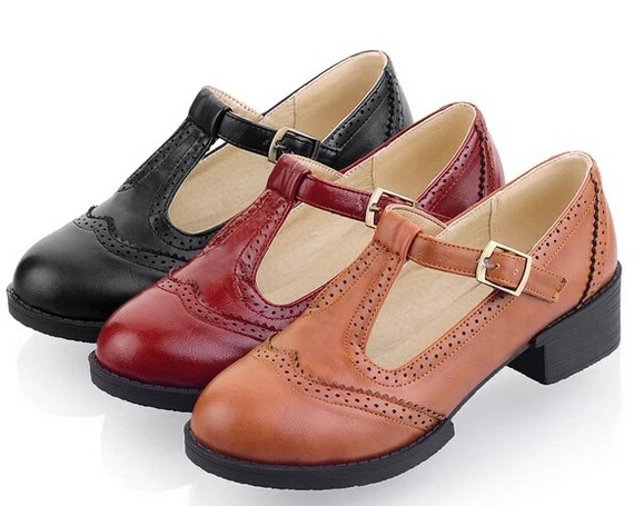 2015 NEW Vintage Carved Leather Student T-Strap Mary Jane Flats Womens  Oxfords Round Toe Shallow Mouth Flat Oxfords For Women | АлиЭкспресс