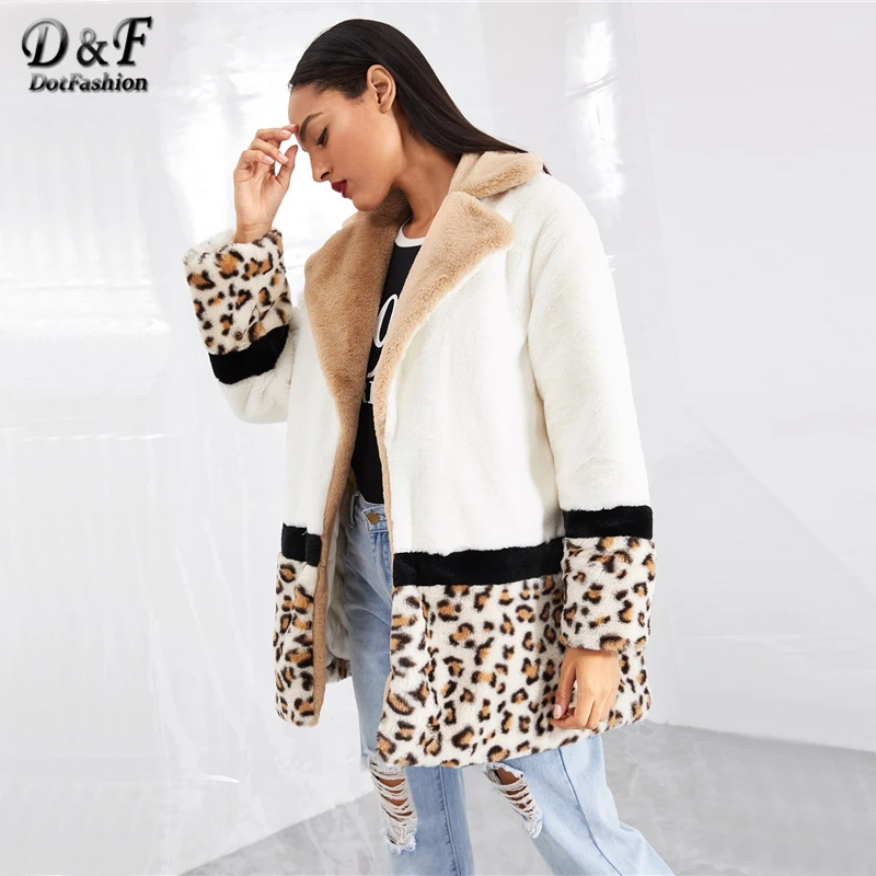 Dotfashion, разноцветное пальто с карманами, леопардовая панель, искусственный мех, плюшевое пальто, женская Повседневная зимняя одежда, женская верхняя одежда с длинным рукавом