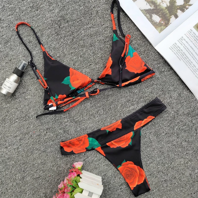 Сексуальный розовый Печатный купальный костюм для женщин Регулируемый черный и