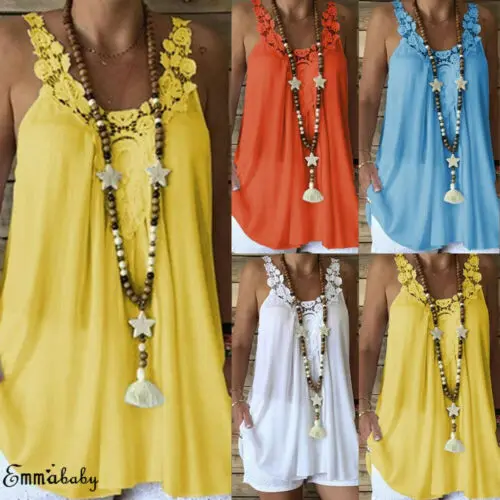 Модная однотонная блузка для женщин с круглым вырезом и кружевом без рукавов