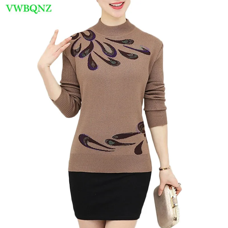 Autumn Winter Warm Pullovers Sweater Middle-Aged Women Flower Printed Wool Sweaters Female Noble Plus size Knitting shirt A681 | Женская