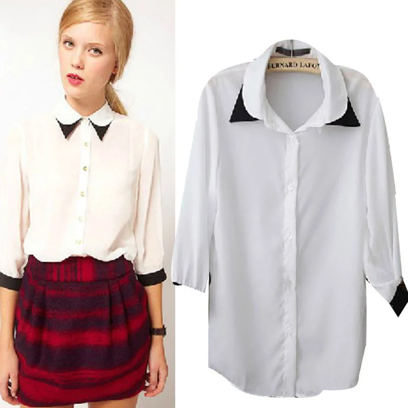 Autumn 2014 New High Street Fashion Blouse Three Quarter Sleeve Lapel Collar Chiffon Shirt for Women White Sale |