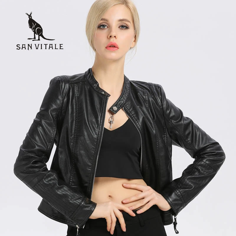 Женская моющаяся куртка из ПУ кожи короткая Базовая на молнии с принтом яблока