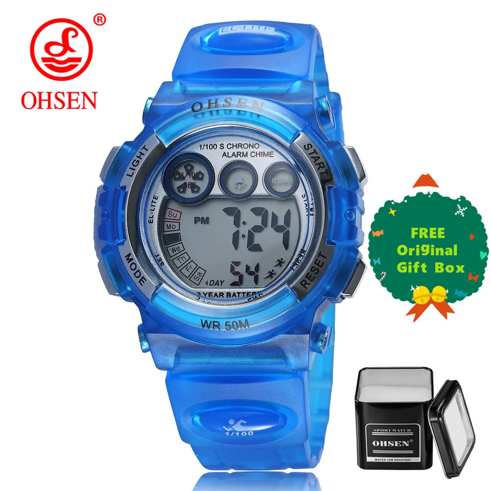 sky blue and box OHSEN спортивные часы с мультипликационным принтом, детские часы, Фиолетовый силиконовый ремешок, Детские светодиодные цифровые наручные часы, студенческие часы для мальчиков и девочек - Цвет: sky blue and box
