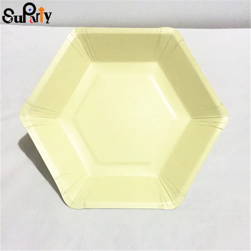 Pale Yellow 12 шт., пастельные Geo бумажные тарелки, маленькие, розовые, мятные, бирюзовые, синие, геометрические, вечерние, Сладкие блюда, на день рождения, свадьбу, вечеринку, шестиугольная посуда - Цвет: Pale Yellow
