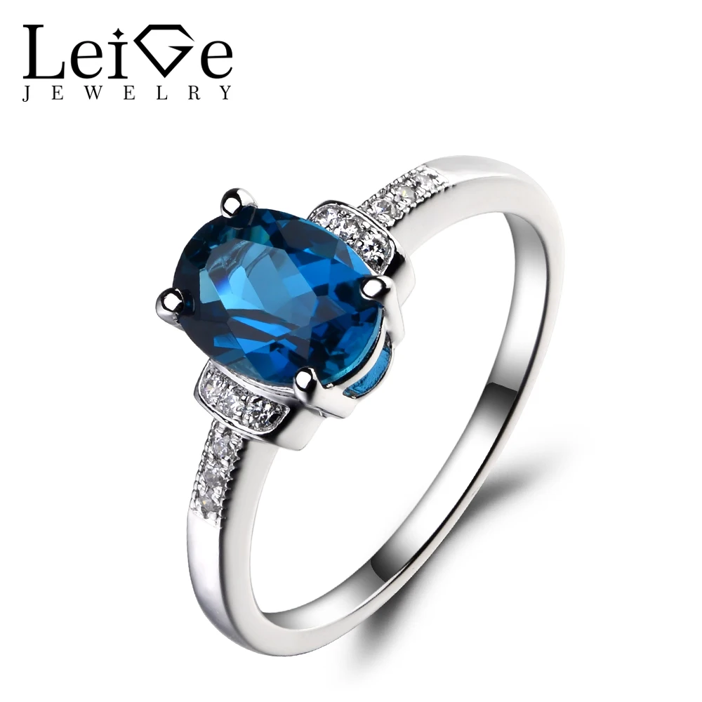 

Leige Jewelry London Blue Topaz 925 Sterling Silver Ring Oval Cut Gemstone Birthstone Promise Engagement Rings Jewelry for Women
