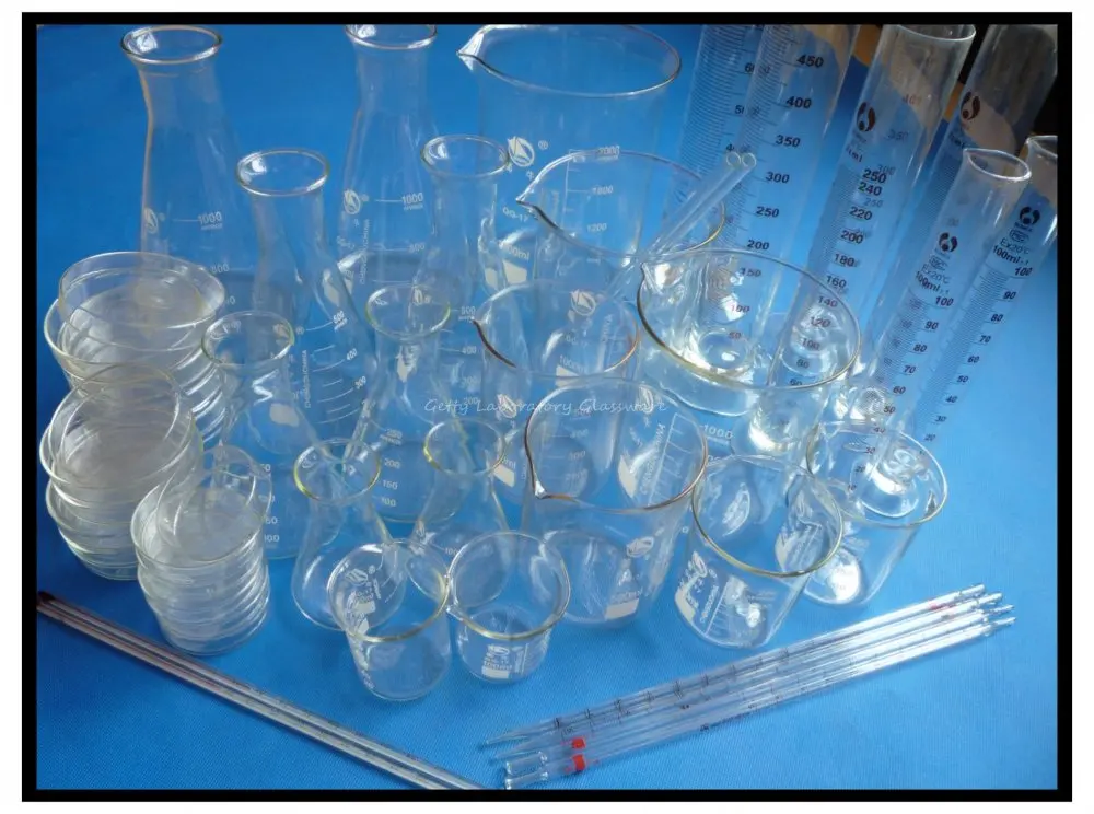 

Laboratory Lab Glassware Kit, Pyrex Glass Material (Beaker, Erlenmeyer flask, Measuring Cylinder, Petri Dish, thermometer)