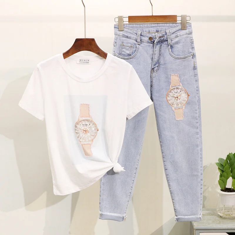 Модные женские футболки 2019 летние Харадзюку с бусинами и блестками часы принтом