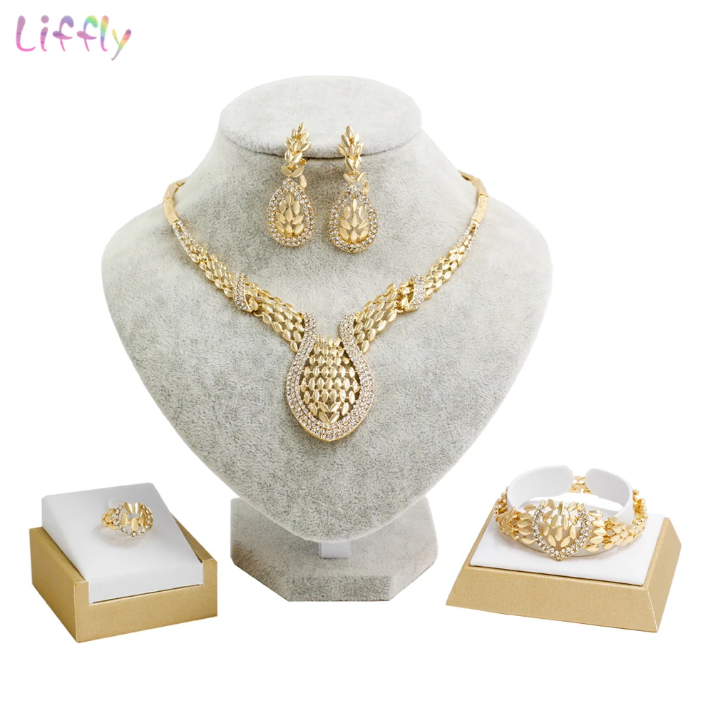 Женский свадебный комплект ювелирных изделий Liffly из колье и сережек золотистого