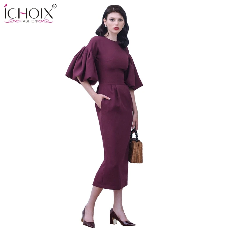 wine red ICHOIX вечернее длинное платье, элегантное женское платье с круглым вырезом и расклешенными рукавами, розовое красное женское офисное облегающее длинное платье, зима-осень - Цвет: wine red