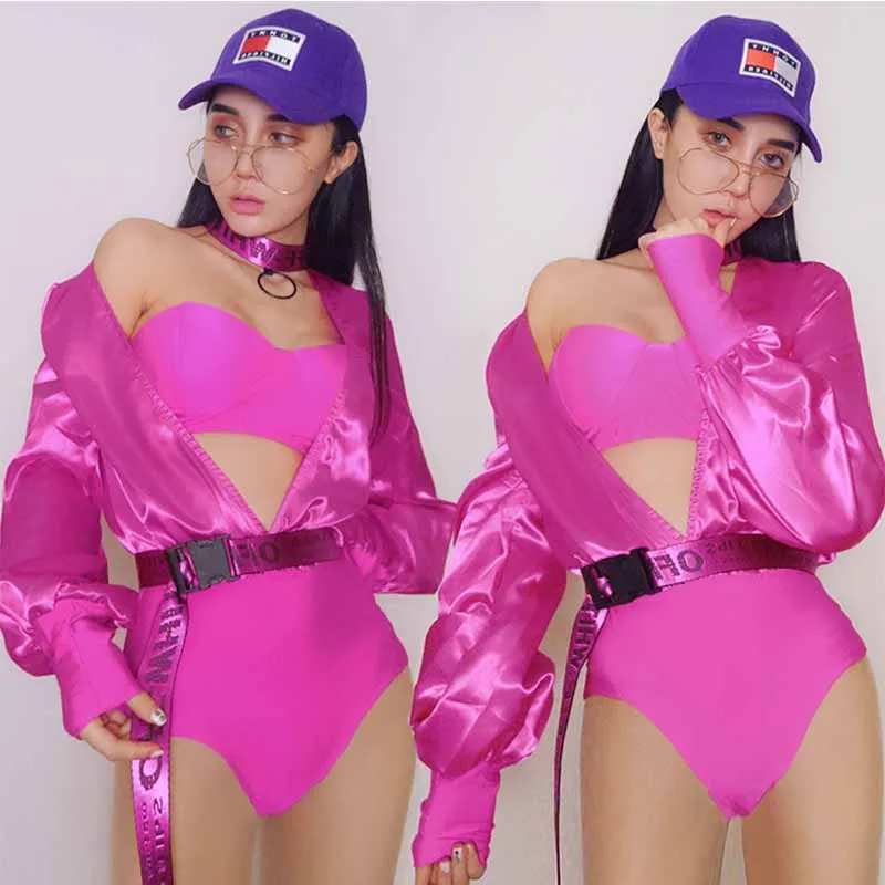 

New Rose Red Ds Costume Nightclub Dj Bar Female Singer Lead Dance Sexy Jazz Dance Long Sleeve Siamese DQ11280