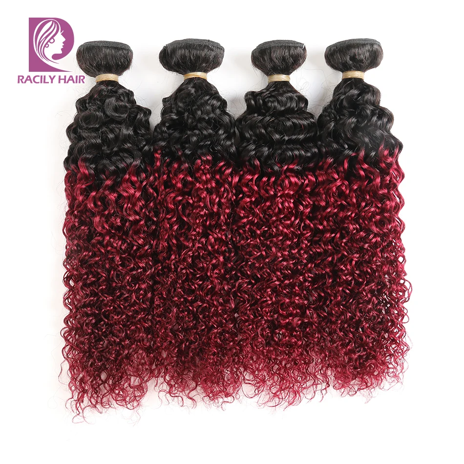 Racily Hair 1B/бордовый бразильские кудрявые вьющиеся человеческие волосы пряди с закрытием 99J Омбре пряди с закрытием красный Remy для наращивания
