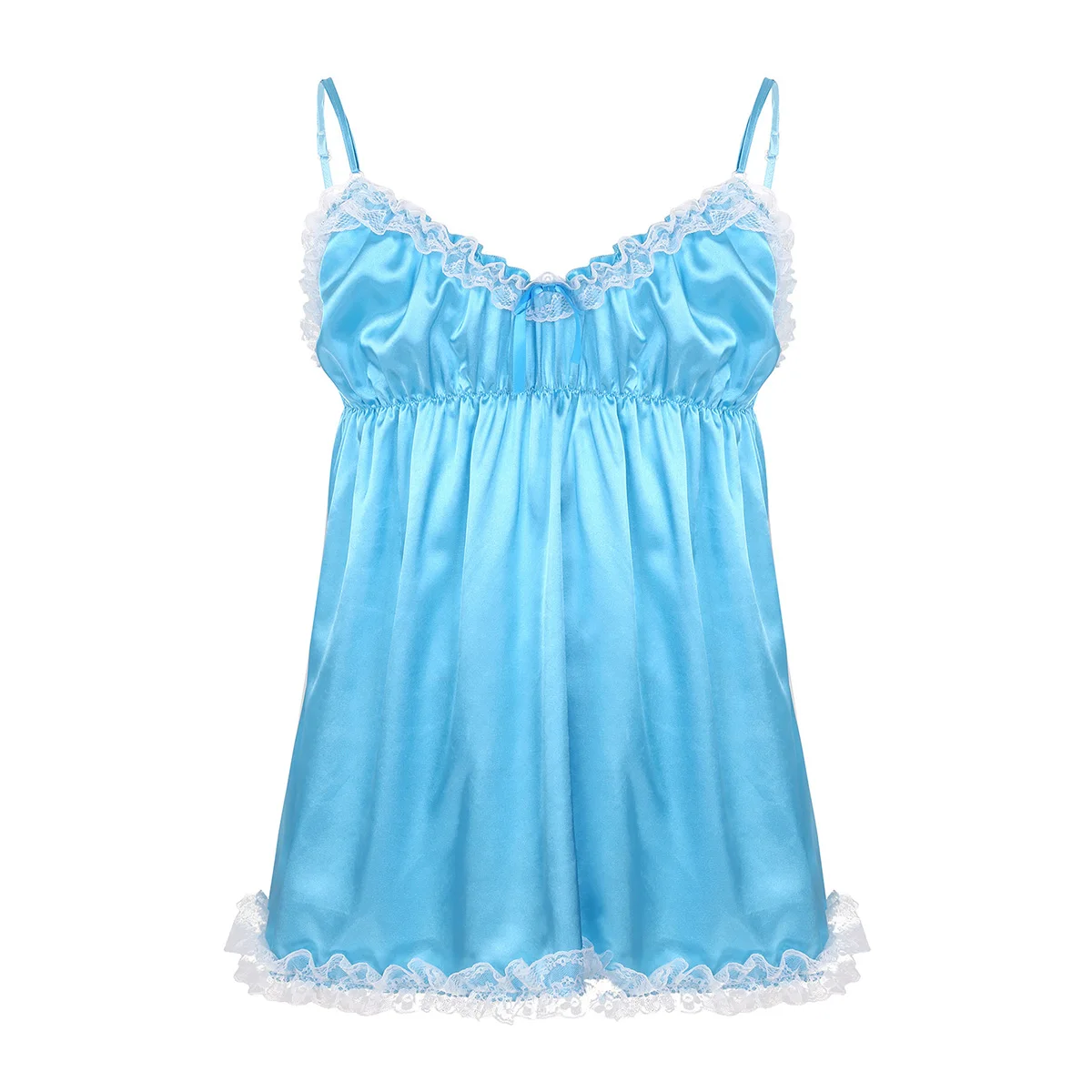 Sky Blue Iiniim Мужское нижнее белье Babydolls Спагетти ремни оборками кружева подол Гладкий Атлас Необычные неженки детские пижамы косплей платье - Цвет: Sky Blue