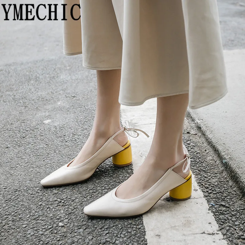 YMECHIC/2019 г. Новые весенние туфли на блочном каблуке с острым носком лодочки высоком