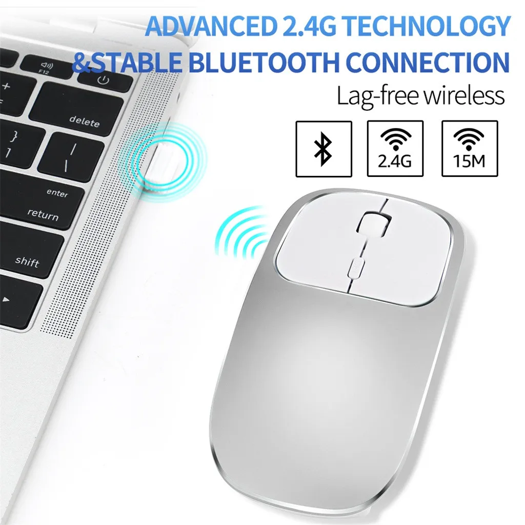 Беспроводная bluetooth-мышка VOBERRY перезаряжаемая 2,4 ГГц, металлическая Бесшумная Двухрежимная оптическая мышь 1600 dpi, точное расположение IC