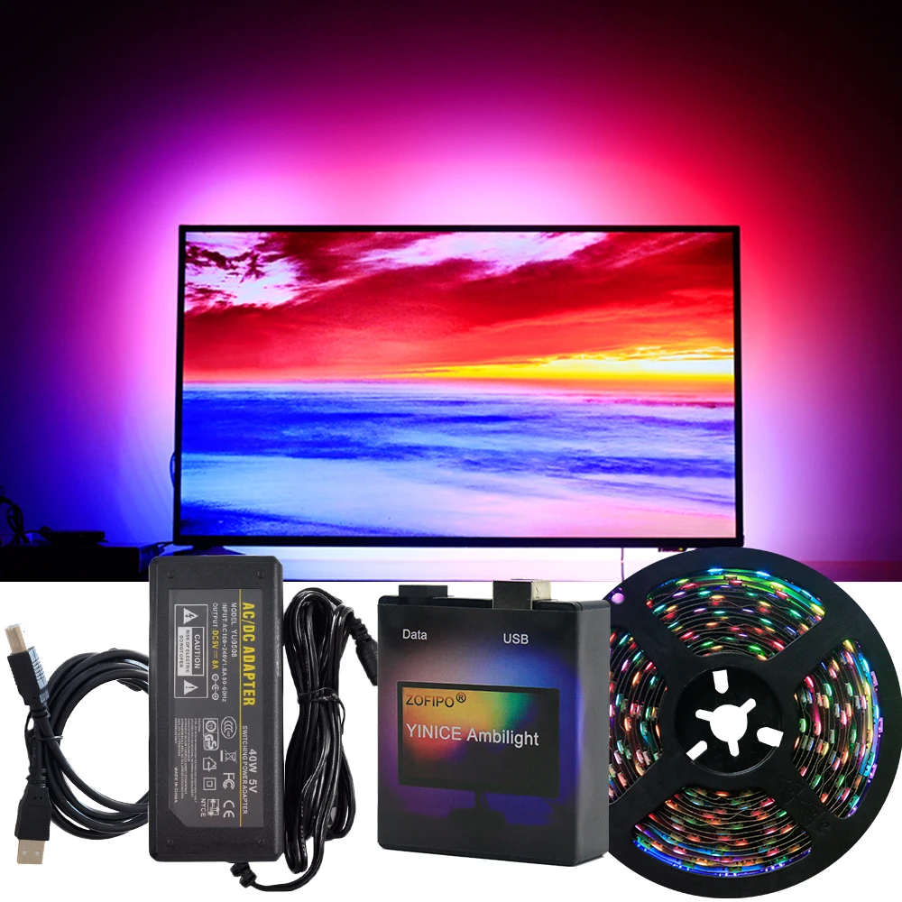USB Ambi светильник Светодиодная лента лампа WS2812B DC5V гибкий светодиодный светильник лента 1 м 2 м 3 м 4 м 5 м ПК HD ТВ Настольный экран фон