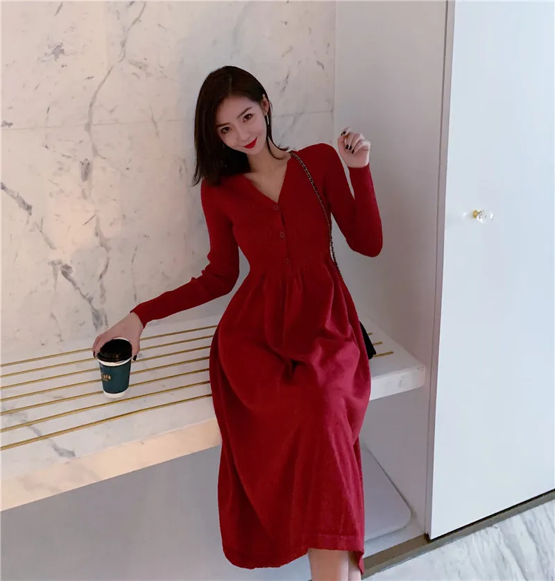 Платье корейское летнее vestidos Новое поступление OLN модели Новое приталенное Утягивающее Модное Длинное вязаное платье с v-образным вырезом