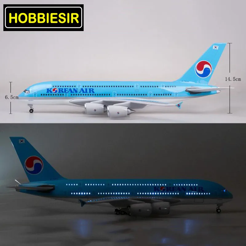 1/160 Scale 45.5CM Plane Airbus A380 Aircraft Korean International Airline Model W Light& Wheel Diecast Plastic Resin Kids Gift