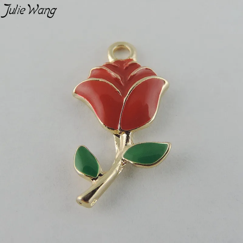 

Julie Wang 20PCS Stunning Fire Red Mini Rose Flower Shape Enamel Alloy Pendant Charm DIY Unique Women Jewelry Accessory